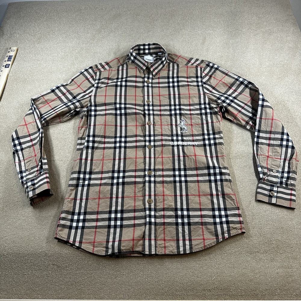 Burberry Plaid Long Sleeve Button Up Shirt Mens Medium M Unicorn/Zebra Applique